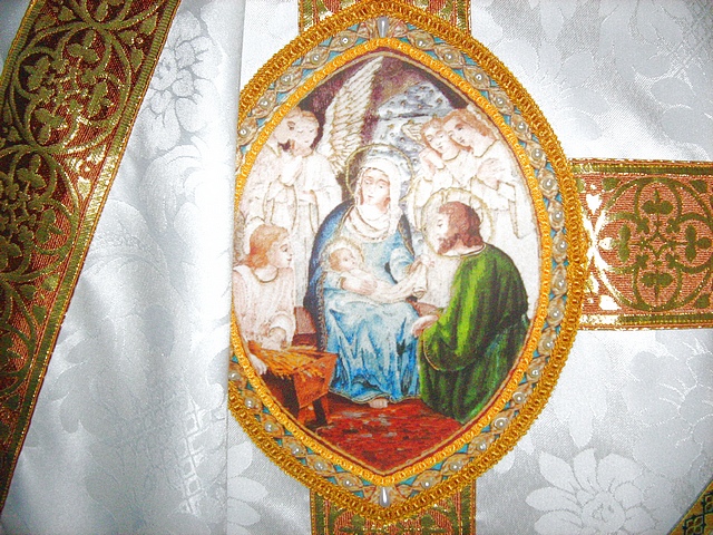 Cope in white on white fabric with Nativity Theme